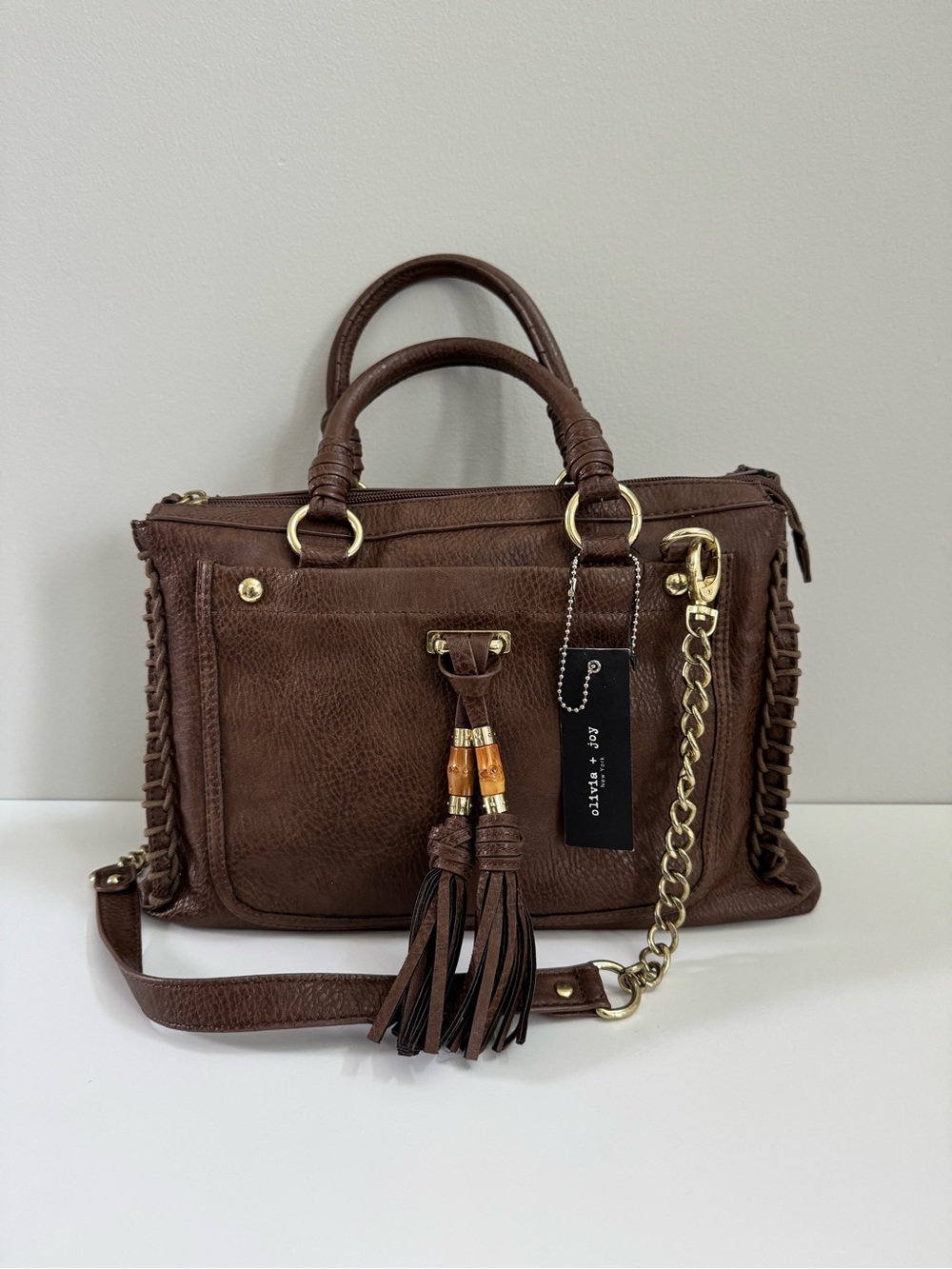 Olivia + Joy Stitched Brown Shoulder Bag with Detachable Gold Chain Strap